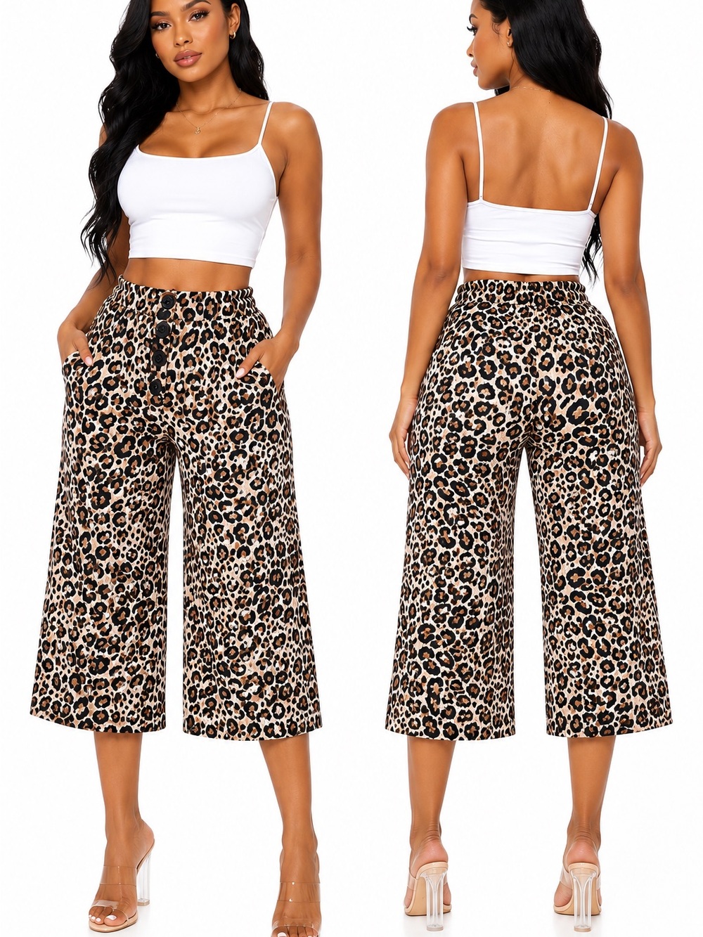 ANGIE Women’s Large Leopard Print Gaucho Pants Cropped Wide Leg 24” Inseam